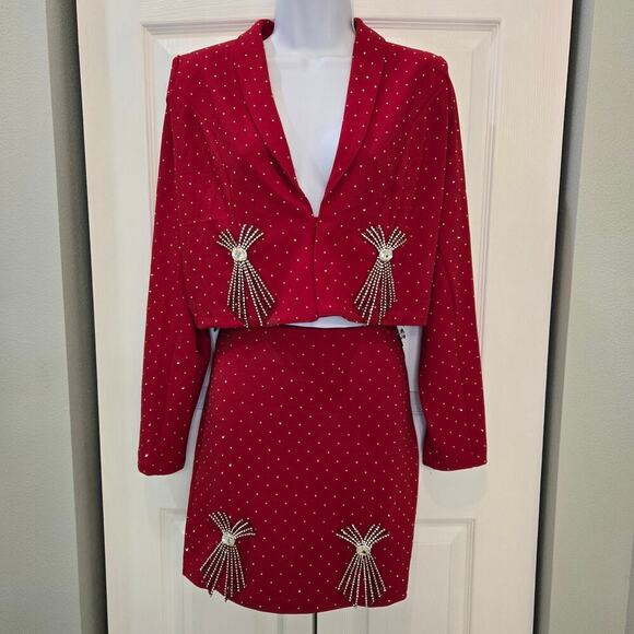 Valentine Fashion LA Red rhinestone embellished Jacket & mini Skirt Blingy - Picture 2 of 14